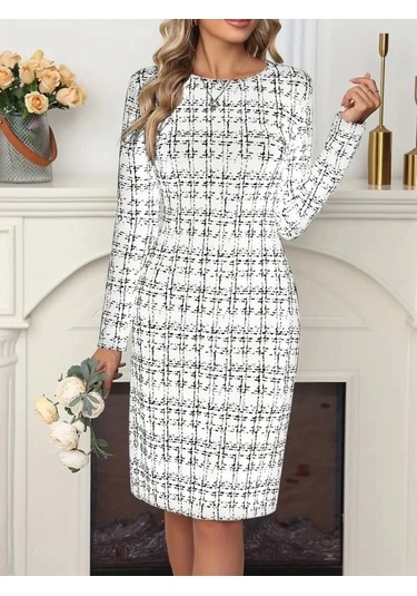 Kadın Uzun Kollu Bisiklet Yaka Desenli Dalgıç Kısa Elbise Beyaz