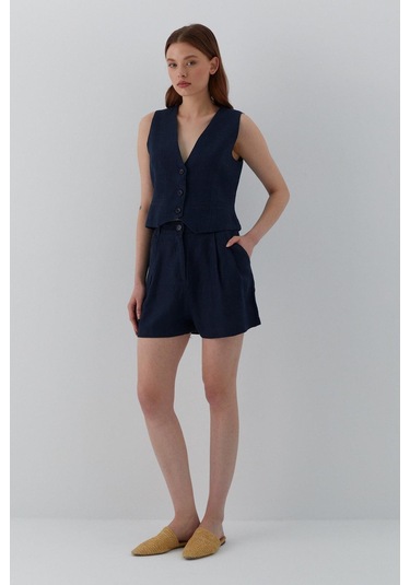 Cepkenli Şortlu Keten Takım Lacivert Lacivert
