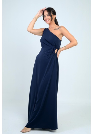 Kadın Tek Omuz Yan Pencere Detaylı Uzun Krep Saten Elbise-41546 Lacivert