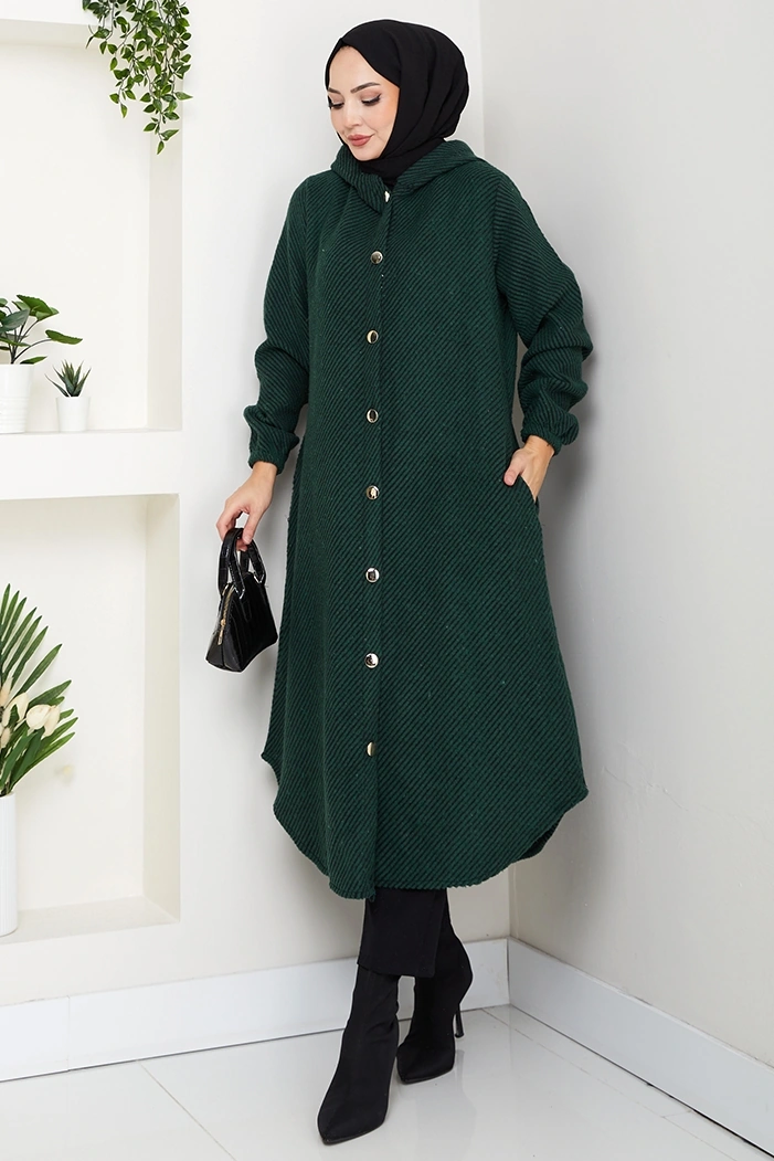 Çizgi Detay Kapüşonlu Kaşe Kap 1634 - Zümrüt Yeşili Zümrüt Yeşili