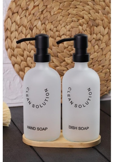 2'li Sablaj Cam Beyaz Sıvı Sabunluk Seti Standlı Beyaz