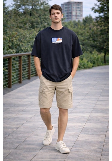 Alexander Gardi Bisiklet Yaka Baskılı Oversize T-shirt Lacivert