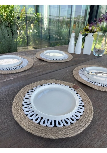 4 Kişilik Yuvarlak Amerikan Servis Özel Tasarım Jüt / Beyaz 33 X 33 Cm Natural