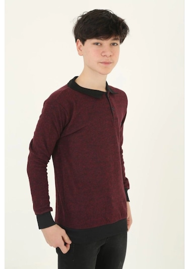 Çocuk Selanik Yaka Nakışlı Kazak - Kırmızı Siyah