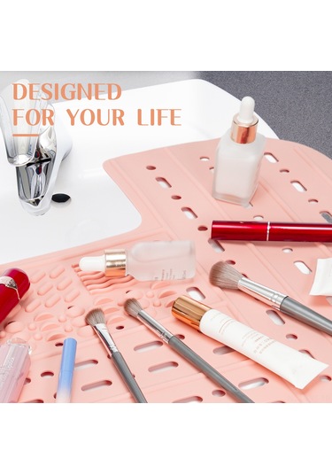 Youtek Katlanabilir Silikon Lavabo Kapağı - Makyaj Fırçası Temizleme Matı Ve Banyo Organizasyonu Açık Pembe