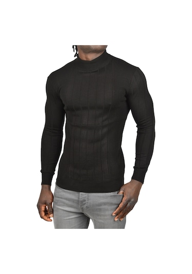 Deepsea Erkek Siyah Yarım Balıkçı Yaka Çizgili Tüylenmeyen Slim Fit Triko Kazak 2505491 Siyah