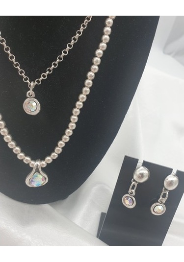 Damla Taşlı Model Antik Gümüş Kaplama Çoklu Kolye Küpe Seti