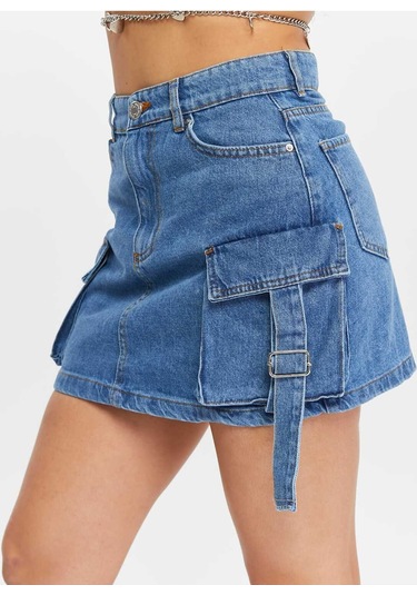 Shevega Kadın Mavi Korük Kargo Cepli Kot Etek Mavi