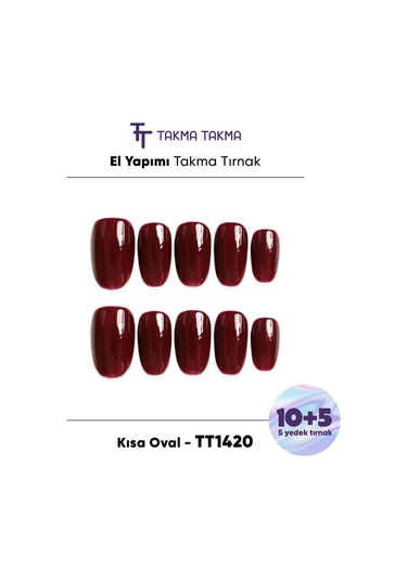 15'li Bordo Kısa Oval Tt1420 Tekrar Kullanılabilir El Yapımı Protez Takma Tırnak S