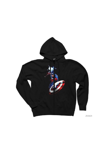 Captain America Mjolnir And Shield Siyah Fermuarlı Kapşonlu Siyah