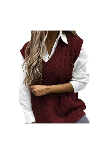 Saf Renk Kolsuz Kazak Yelek Sıcak Trendy Büküm Örme Kadın Yelek Günlük Giyim İçin Bordo
