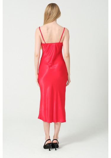 Degaje Döküm Saten Midi Elbise Kırmızı