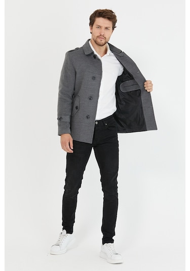 Mero Life Erkek Gri Kemerli Kaşe Kaban Trenç Model Gri
