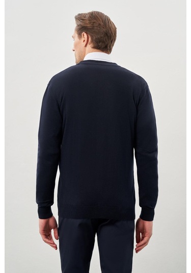 Koyu Lacivert Uzun Kol Örme V Yaka Comfort Fit Rahat Kesim Klasik Triko Koyu Lacivert