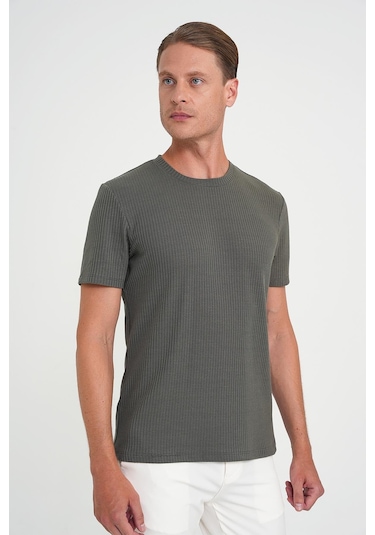 Comfort Fit Bisiklet Yaka Fitilli Kısa Kol Haki Tişört Ts 912 Haki