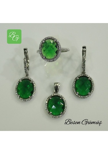 Etrafı Zirkon Taşlı Oval Yeşil Taşlı Set Rose Gold - Gümüş