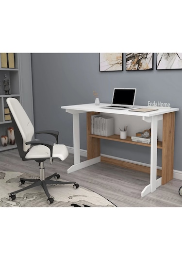 Reyo Home Enda Pillar Kütüphaneli Çalışma Masası 100x56cm Çam-bey Atlantik Çam - Beyaz