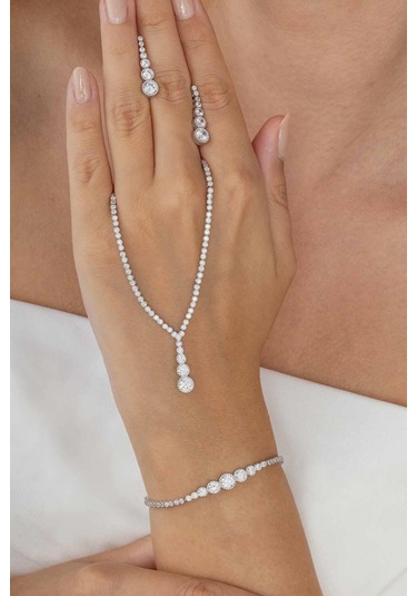 Gümüş Pazarım Pırlanta Montür Yuvarlak Kesim Su Yolu Gümüş Düğün Seti Gümüş