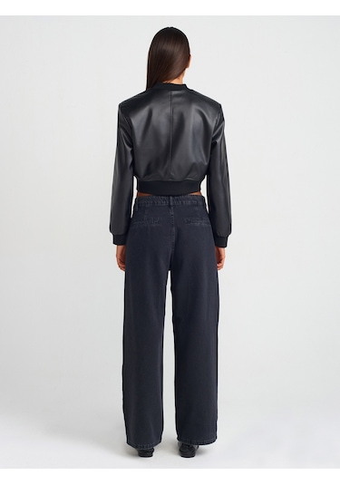Dilvin 71733 Pileli Geniş Denim Pantolon Siyah