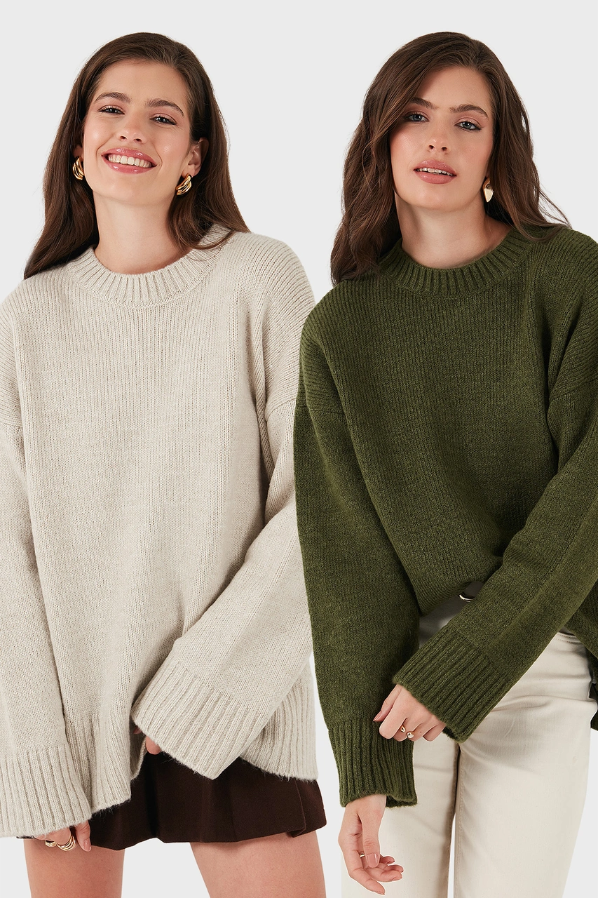 Lela Regular Fit Bisiklet Yaka Basic 2'Li Paket Triko Bayan Kazak 4616213S2 Haki-Taş