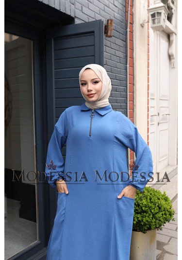 Kadın Mavi Aerobin Uzun Önü Yarım Fermuarlı İkili Takım T1217 Mavi