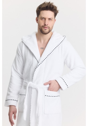 Mulberry Triga Erkek Bornoz %100 Pamuk Kapüşonlu Beyaz