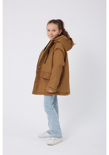 Freemen Kız Çocuk Taba Kürklü Su Ve Rüzgar Geçirmez Kapüşonlu 3 Kışlık Mont Taba