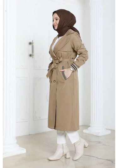 Bondit Kumaş Ribanalı Uzun Boy Trençkot / Açık Kahve - M0110 Açık Kahve Kahverengi