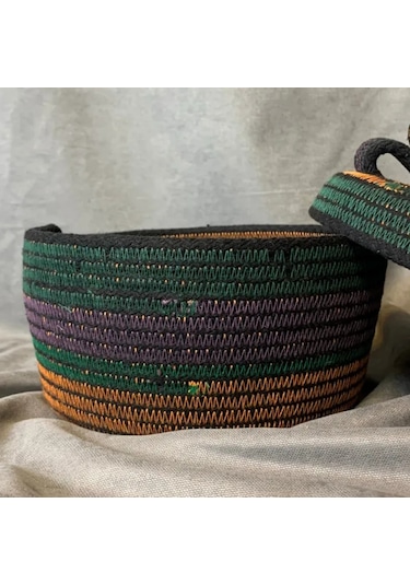 Uretti - Fatma 7987 - El Yapımı Koton İp Fiyonklu Kapaklı Dekoratif / Organizer Sepet Çok Renkli