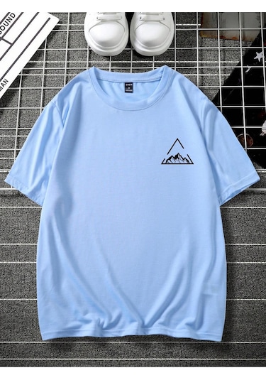 Üçgen Dağ T-shirt - Bebe Mavisi Baskılı Oversize Bisiklet Yaka Kısa Kol Tişört Bebe Mavisi
