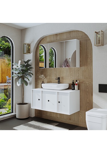 Lavabolu Mat Mdf 105 Cm Çekmeceli Banyo Dolabı + Aynalı Dolap Mat Beyaz