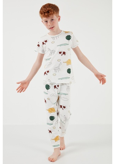 Lela Desenli % 100 Pamuk Bisiklet Yaka Erkek Çocuk Pijama Takımı 6651001 Ekru-Hardal