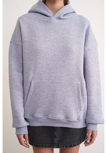 2022 Unisex 3iplik Basic Polarlı Kapüşonlu Sweatshirt Hoodie Gri Gri