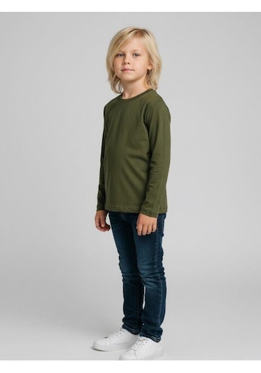 Zekids Erkek Çocuk Pamuklu Uzun Kol Basic T-shirt-16713 Haki