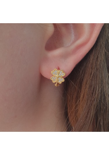 925 Ayar Gümüş Beyaz Taşlı Dört Yapraklı Yonca Gümüş Çocuk Küpesi