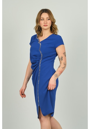 Vals Kadın Drapeli Ay Kollu Krep Kumaş Araboy Abiye Elbise 22-146 Saks