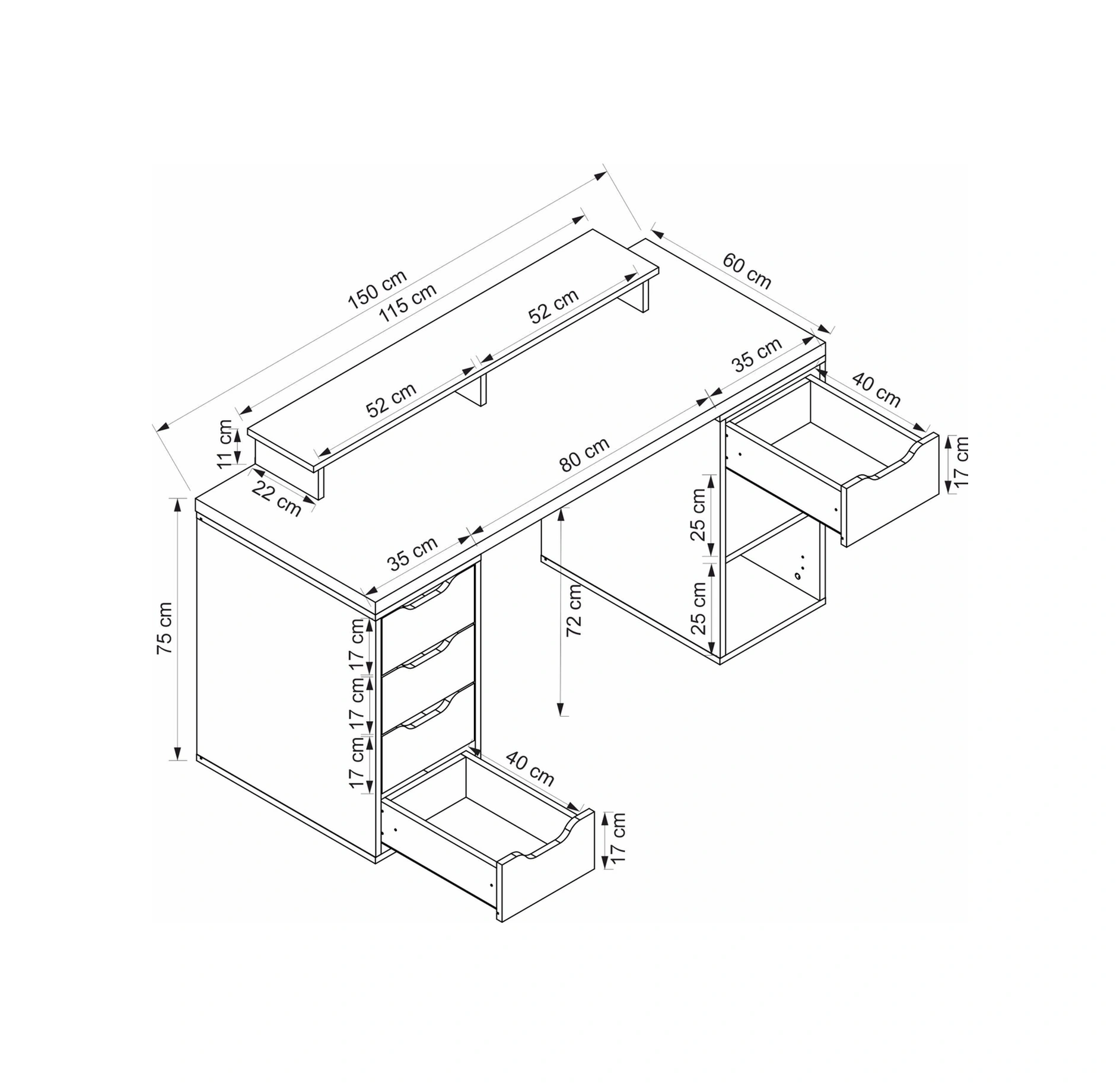 Alen 150 Cm 5 Çekmeceli Dolaplı Çalışma & Oyuncu Masası - Antrasit Siyah
