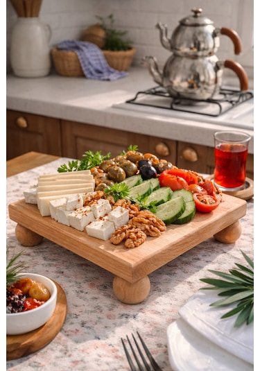 Kayın Ağacı Risus Top Ayaklı 25x25 Cm Ayaklı Kare Sunumluk Pasta, Kek Ve Kahvaltı Servis Tabağı Açık kahverengi