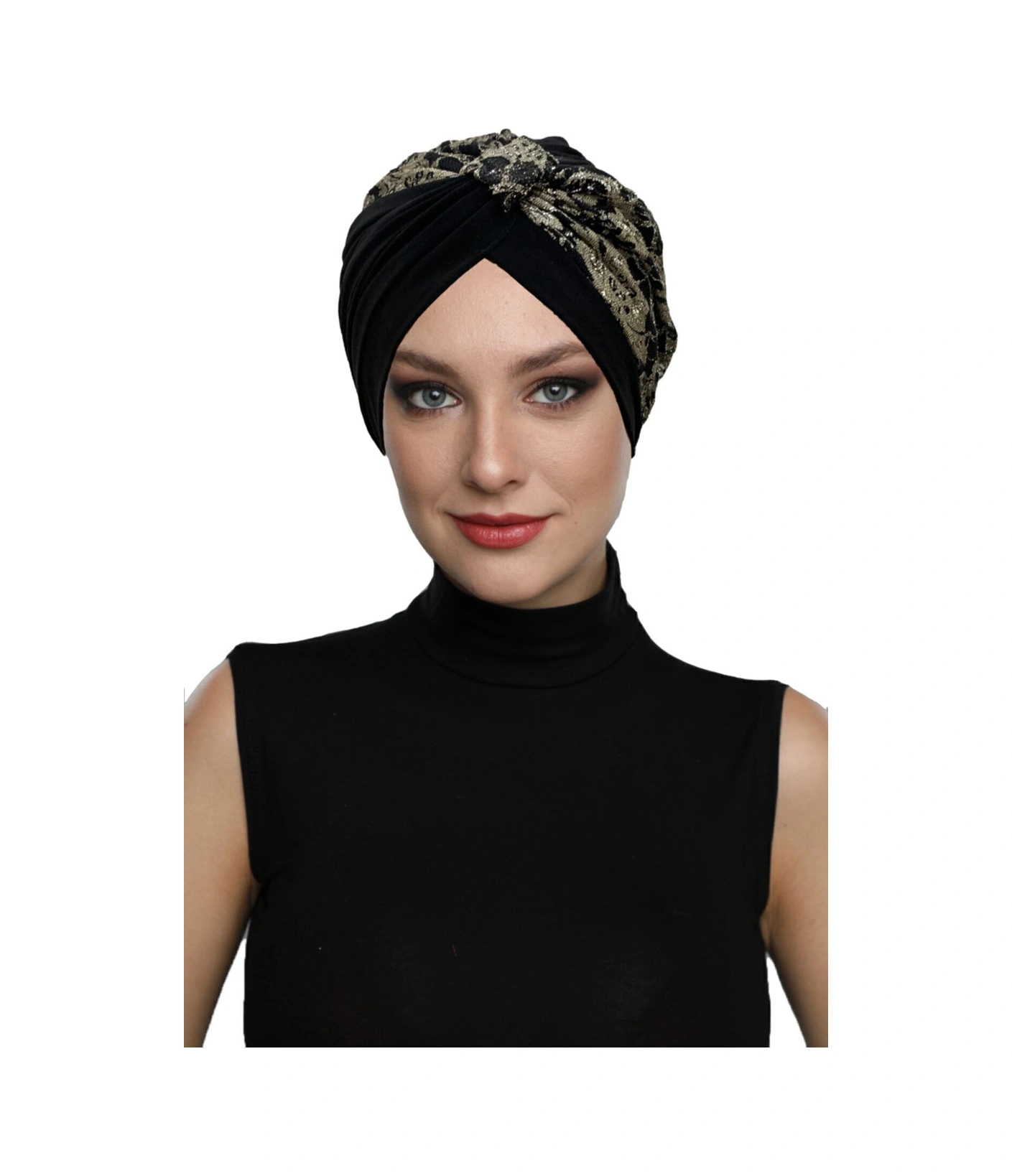 Özel Tasarım Siyah Üzeri Bej Etnik Desenli Dantel Astarlı Hazır Türban Tesettür Abiye Bone Siyah19