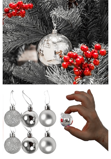 Gümüş Gri 6lı Yılbaşı Top Süs 4cm Çam Ağacı Süsleri Noel Dekoras