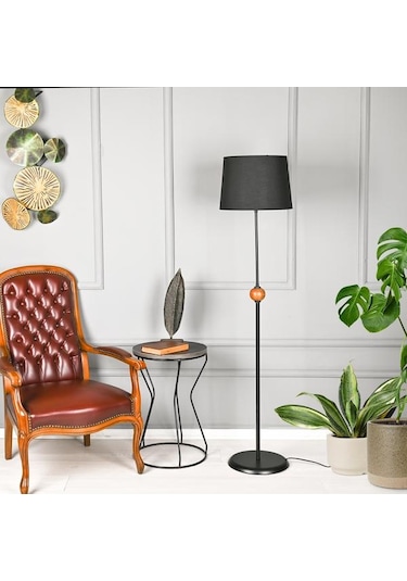 Safir Light Ahşap Detaylı Metal Lambader - Siyah - 155x37x37 Cm Siyah