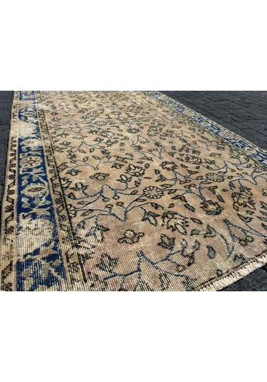 El Dokuma 115x175 Eskitme Vıntage Dekoratif %100 Yün Mavi Krem Mavi