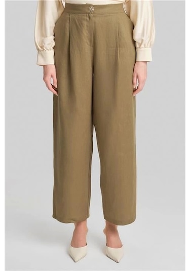 Armine Bol Keten Pantolon 24y2625 Zeytin Yeşil