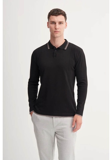 Cazador Çizgi Desenli Polo Yaka Siyah Erkek Kazak 33035 Siyah