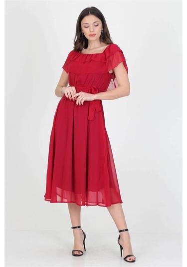 Neşeli Butik Kadın Yeni Sezon Madonna Yaka Bağlama Detaylı Şifon Elbise Ry8060 Bordo