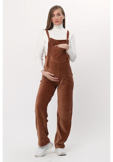 Luvmabelly Myra6114 - Camel Kadife Hamile Salopet-kahverengi