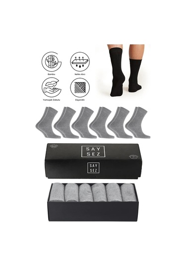 Bambu Erkek Soket Uzun Düz Gri Melanj Renk Çorap Dikişsiz Premium Kutulu 6'lı / Hediyelik Gri Melanj
