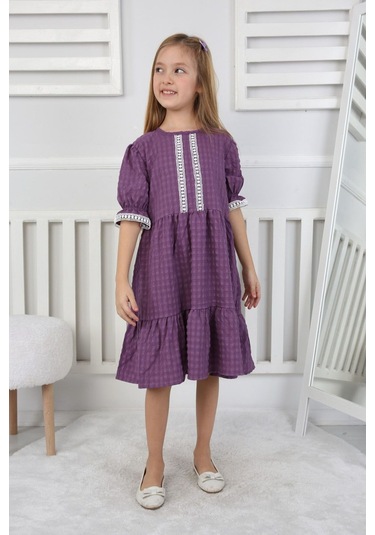 Gofre Kumaş Kız Çocuk Elbise Bej - Krem