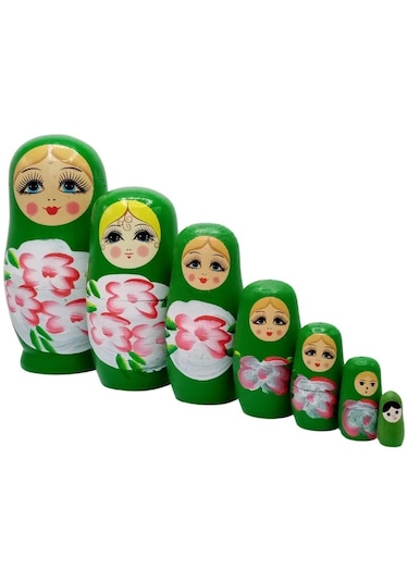 Mobgift Ahşap Tombul Iç Içe Matruşka Bebek 7li Set Yeşil