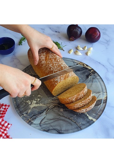 Kanallı Cam Kesme Tablası | Gri Gold Mermer | Çap32cm